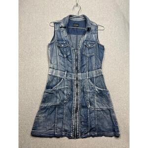 Y2k Ranbeeri Denim Front Zip Shirt Dress M Stone Wash Cargo Pockets 90's